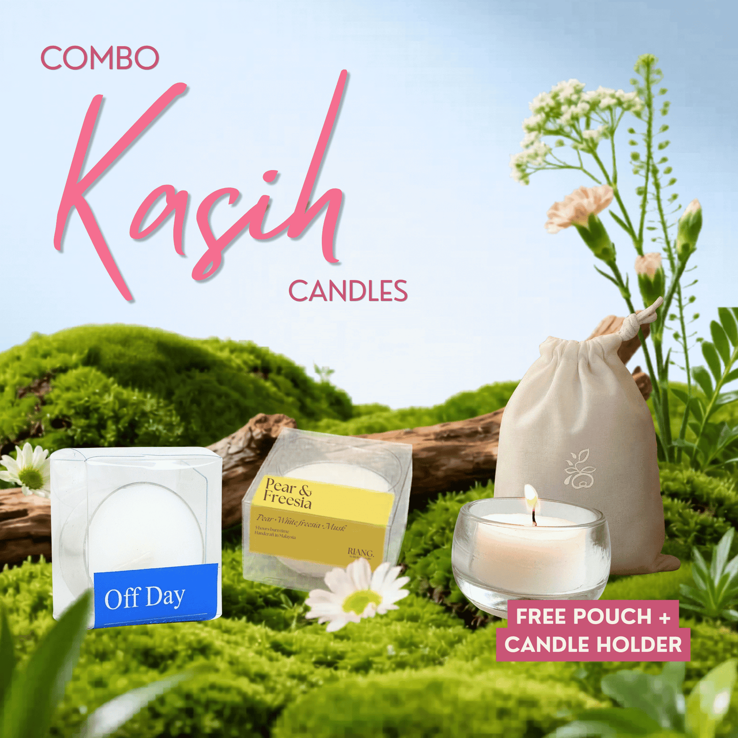 Riang. Combo Kasih Cosy Candle - 2 PCS Riang. Candle Single + Free One Candle Holder