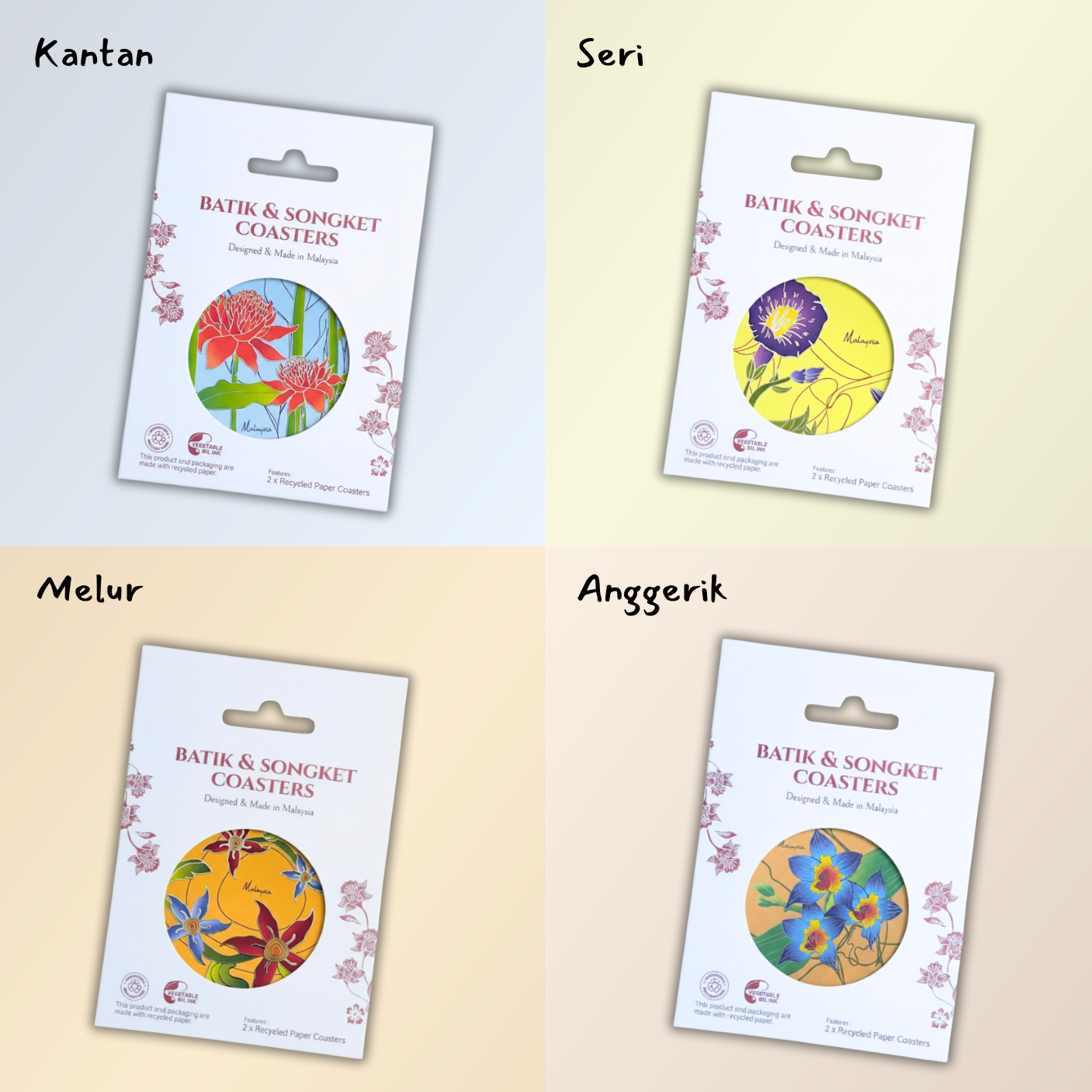 Batik Coasters Bunga Edition (Single Piece) - Malaysian Made, Eco-Friendly, Premium Metallic Foiling, Recycled Materials, Versatile Use