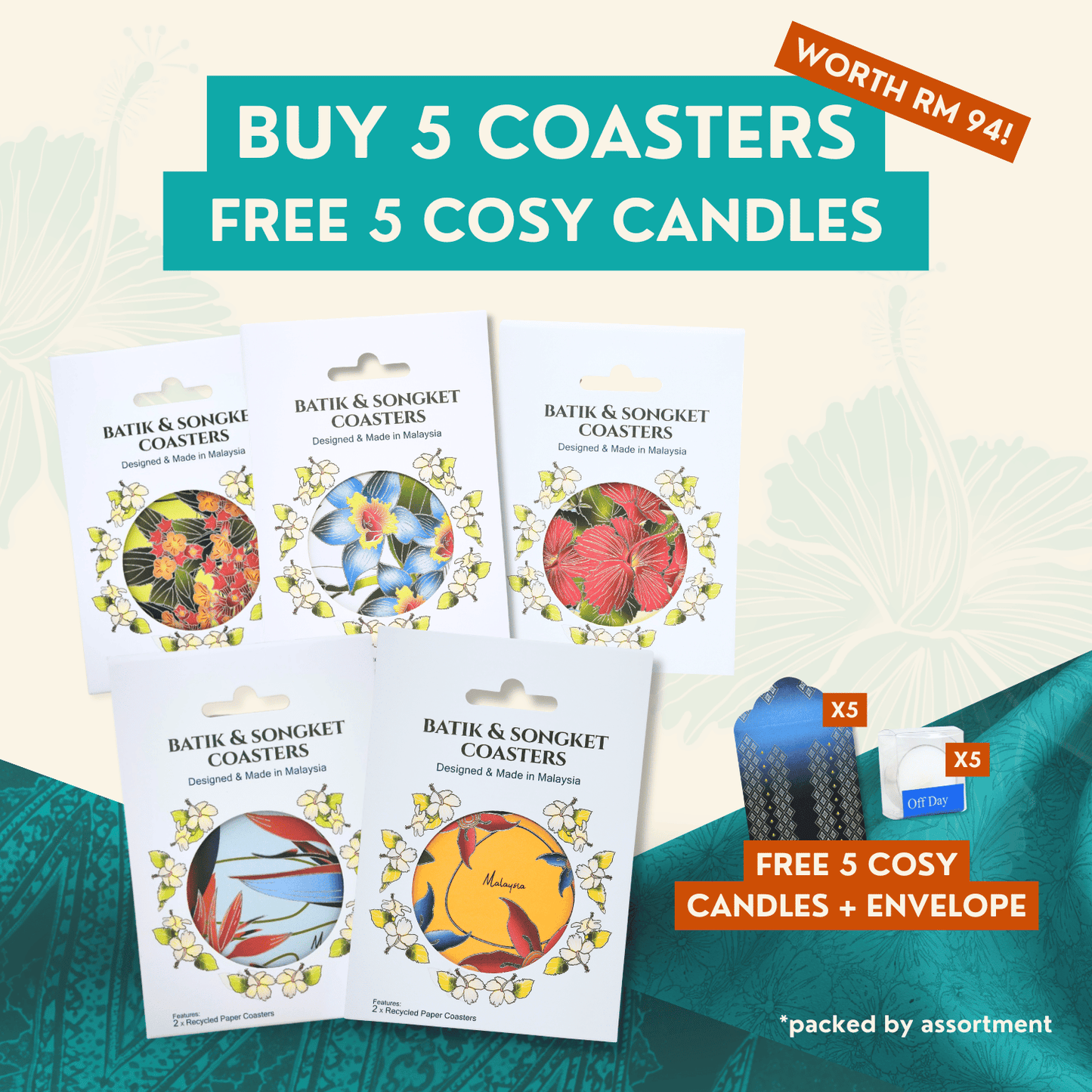 Batik & Songket Coasters / Batik Coasters Bunga Edition (Set 2 Pieces)