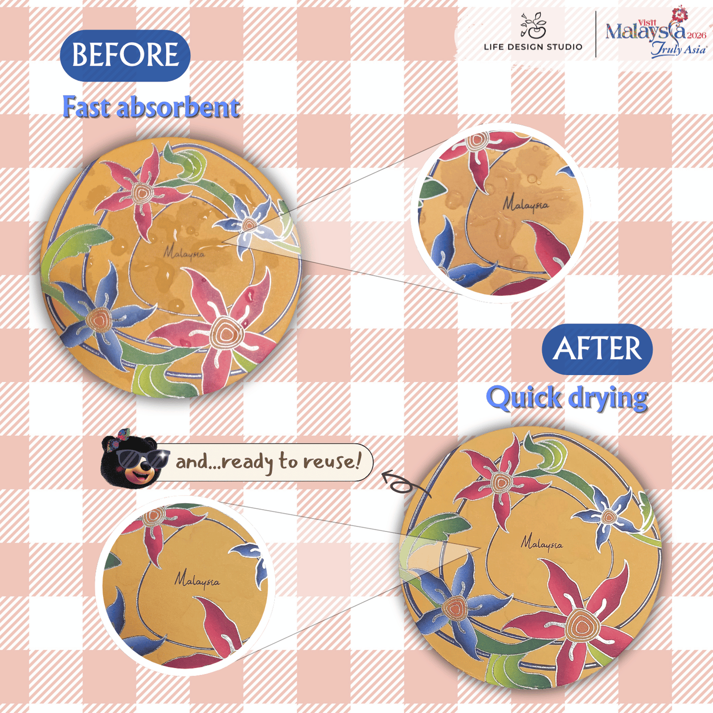 Batik & Songket Coasters / Batik Coasters Bunga Edition (Set 2 Pieces)